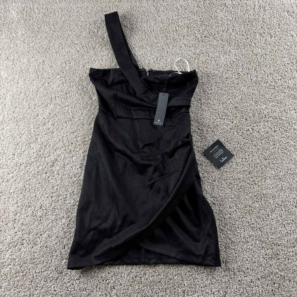 Lulus Dress Womens S Black One Shoulder Sleeveless Satin Bodycon Mini Party